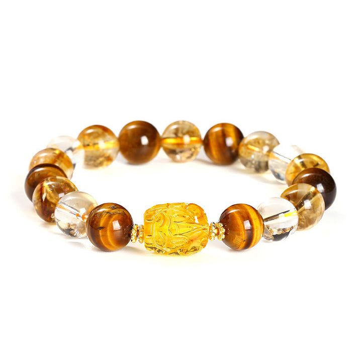 Buddha Stones天然イエロータイガーアイ シトリン 蜜蝋PiXiu強さブレスレット