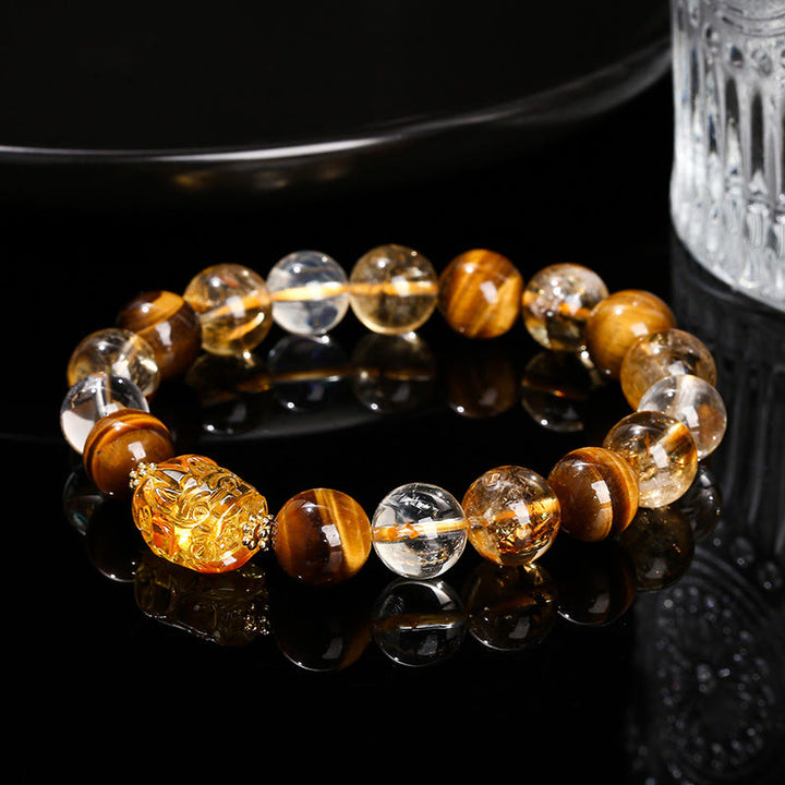 Buddha Stones天然イエロータイガーアイ シトリン 蜜蝋PiXiu強さブレスレット