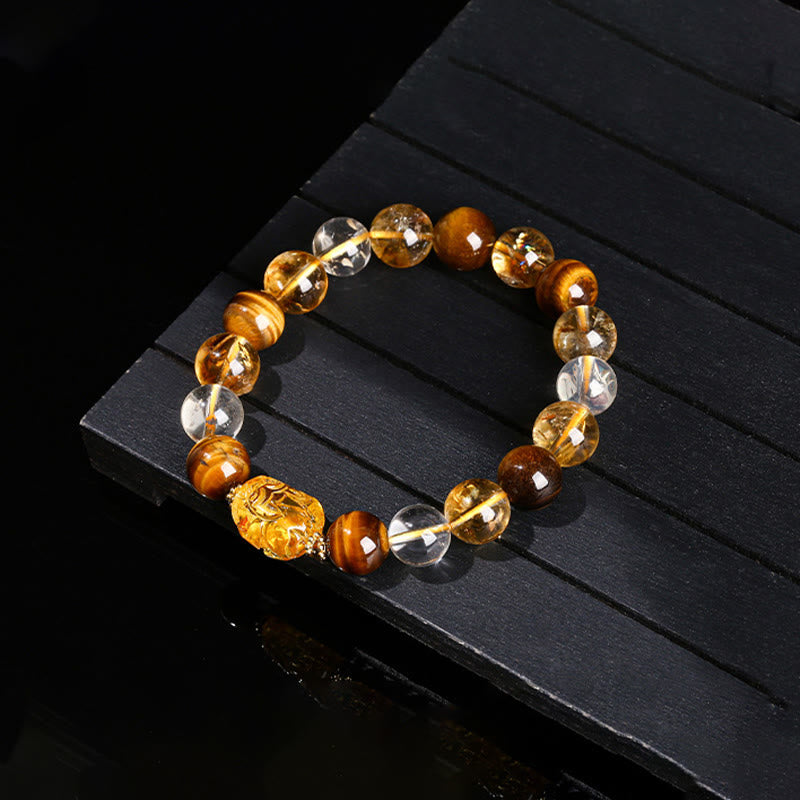 Buddha Stones天然イエロータイガーアイ シトリン 蜜蝋PiXiu強さブレスレット