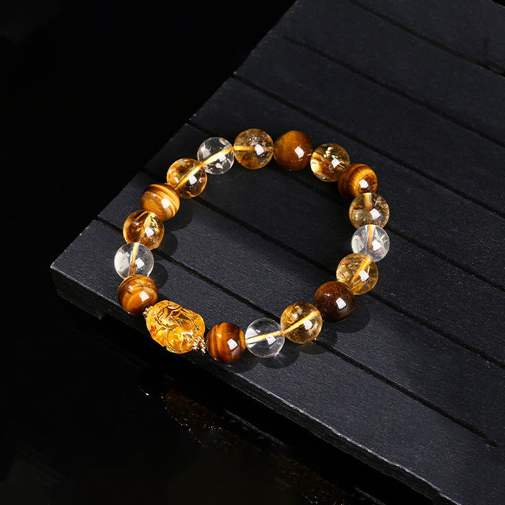 Buddha Stones天然イエロータイガーアイ シトリン 蜜蝋PiXiu強さブレスレット