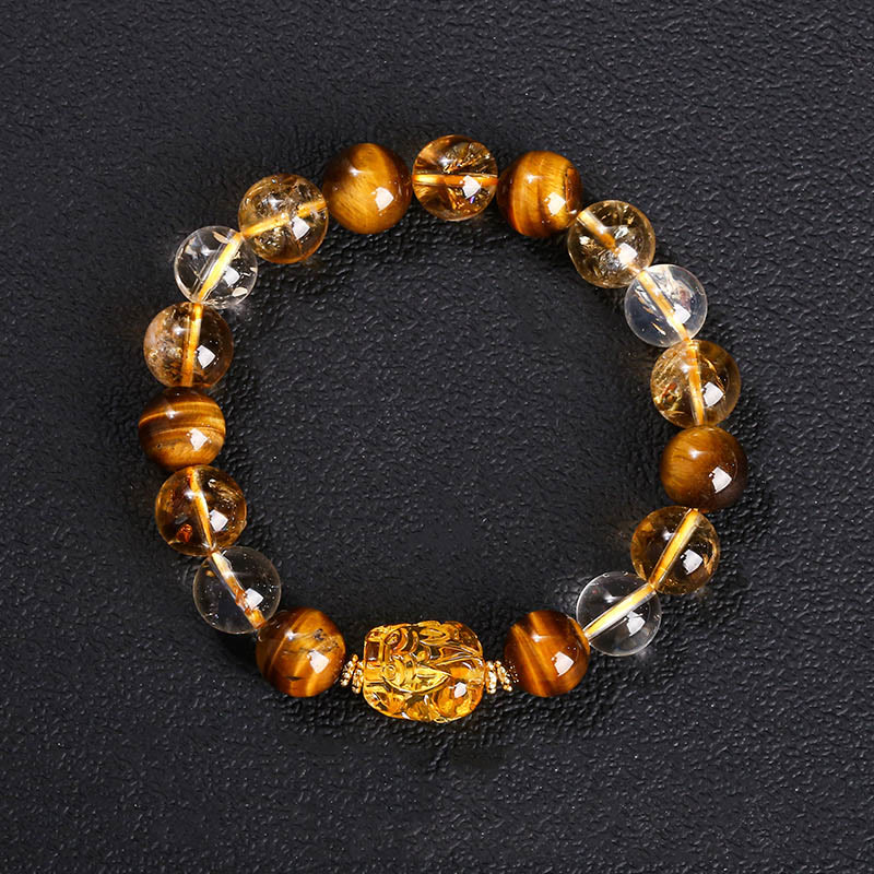 Buddha Stones天然イエロータイガーアイ シトリン 蜜蝋PiXiu強さブレスレット