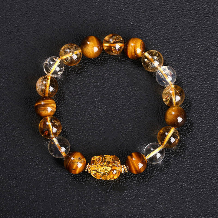 Buddha Stones天然イエロータイガーアイ シトリン 蜜蝋PiXiu強さブレスレット