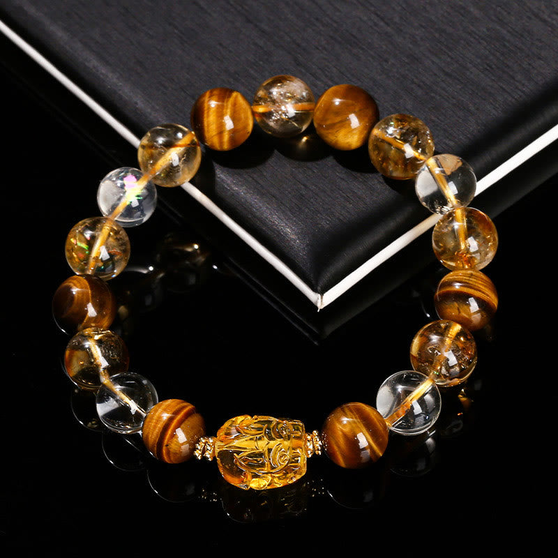 Buddha Stones天然イエロータイガーアイ シトリン 蜜蝋PiXiu強さブレスレット