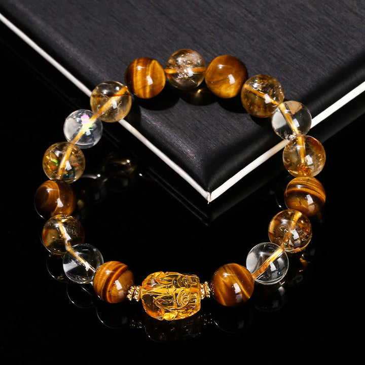 Buddha Stones天然イエロータイガーアイ シトリン 蜜蝋PiXiu強さブレスレット