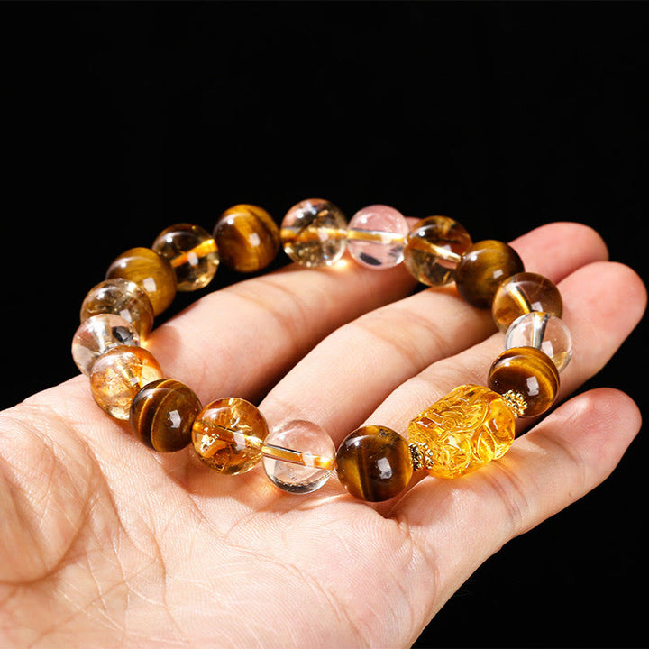 Buddha Stones天然イエロータイガーアイ シトリン 蜜蝋PiXiu強さブレスレット