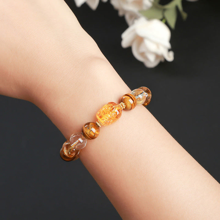 Buddha Stones天然イエロータイガーアイ シトリン 蜜蝋PiXiu強さブレスレット