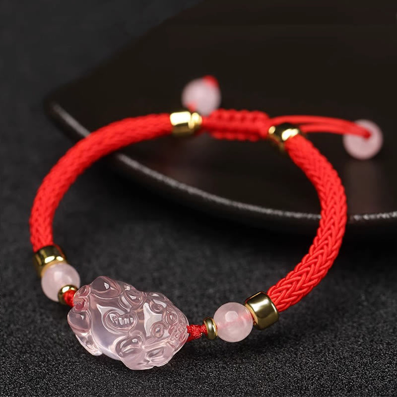 Buddha Stones貔貅 ピンク水晶 富の紐 編み込みブレスレット