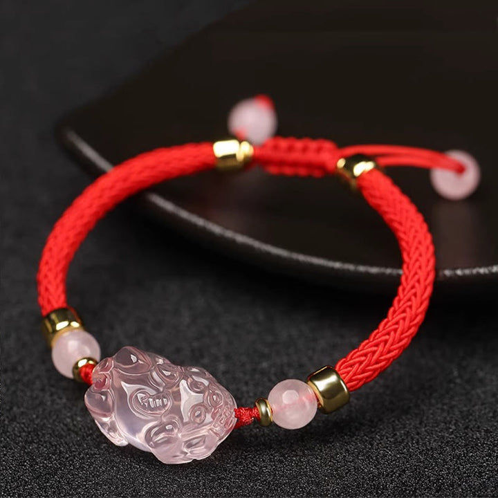 Buddha Stones貔貅 ピンク水晶 富の紐 編み込みブレスレット