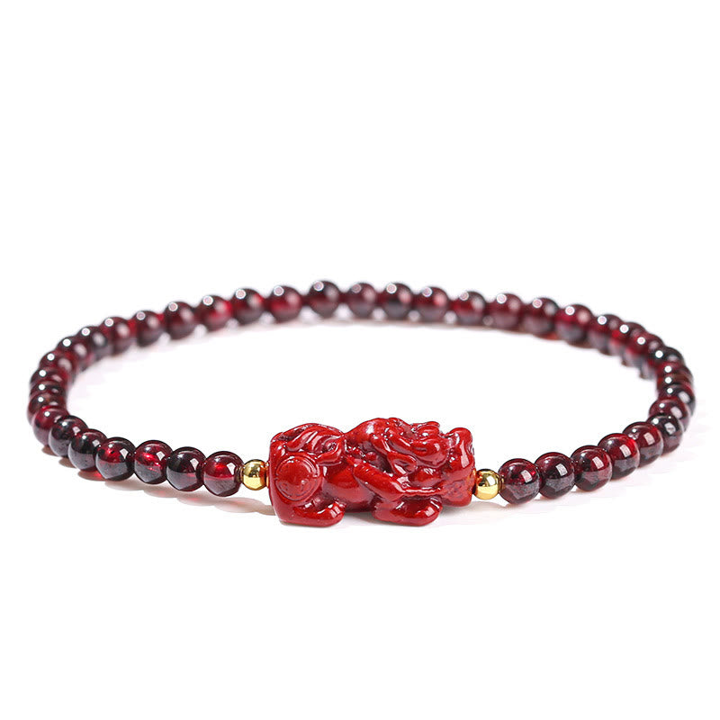 ガーネット 辰砂 貔貅 ストロベリークォーツ 4mmスクエアビーズ 守護 開運 ブレスレット 14~16cm | Buddha Stones