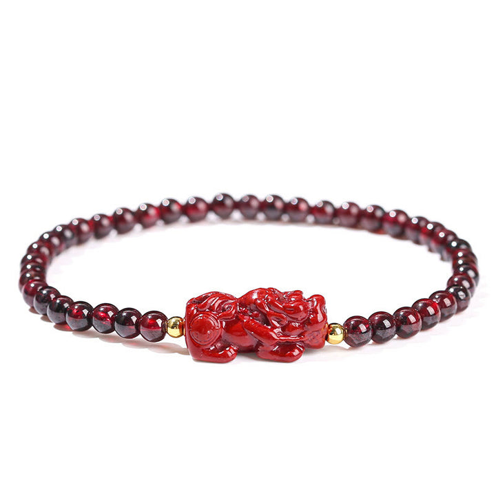 ガーネット 辰砂 貔貅 ストロベリークォーツ 4mmスクエアビーズ 守護 開運 ブレスレット 14~16cm | Buddha Stones