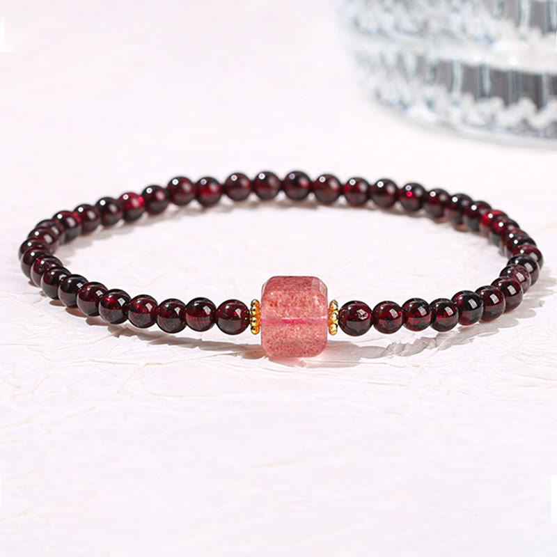 ガーネット 辰砂 貔貅 ストロベリークォーツ 4mmスクエアビーズ 守護 開運 ブレスレット 14~16cm | Buddha Stones