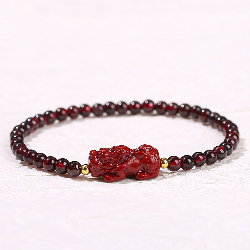 ガーネット 辰砂 貔貅 ストロベリークォーツ 4mmスクエアビーズ 守護 開運 ブレスレット 14~16cm | Buddha Stones