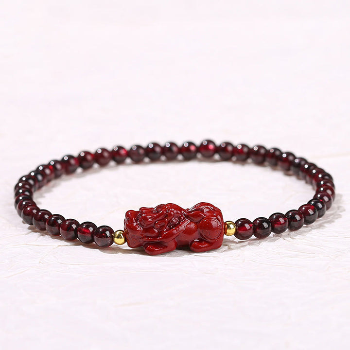 ガーネット 辰砂 貔貅 ストロベリークォーツ 4mmスクエアビーズ 守護 開運 ブレスレット 14~16cm | Buddha Stones