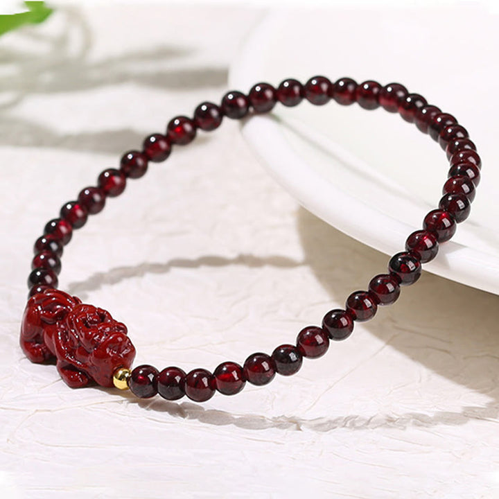 ガーネット 辰砂 貔貅 ストロベリークォーツ 4mmスクエアビーズ 守護 開運 ブレスレット 14~16cm | Buddha Stones