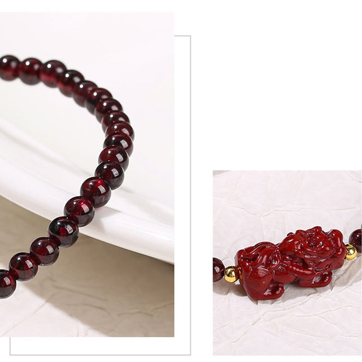 ガーネット 辰砂 貔貅 ストロベリークォーツ 4mmスクエアビーズ 守護 開運 ブレスレット 14~16cm | Buddha Stones