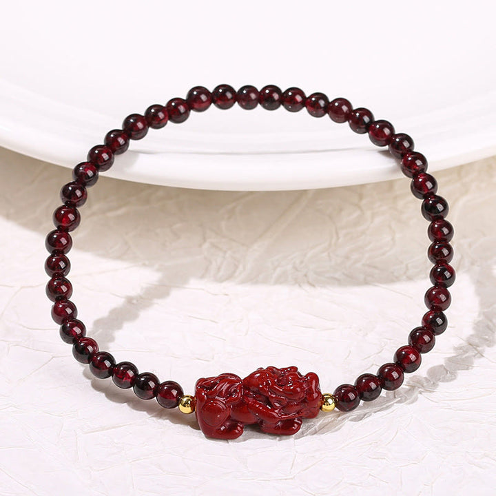 ガーネット 辰砂 貔貅 ストロベリークォーツ 4mmスクエアビーズ 守護 開運 ブレスレット 14~16cm | Buddha Stones