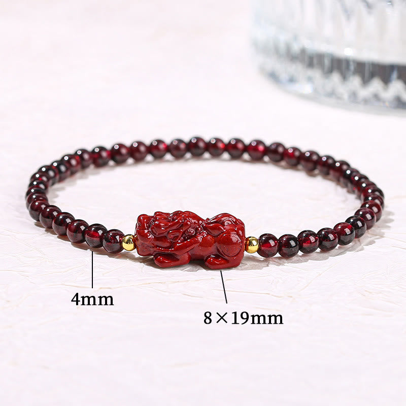 ガーネット 辰砂 貔貅 ストロベリークォーツ 4mmスクエアビーズ 守護 開運 ブレスレット 14~16cm | Buddha Stones
