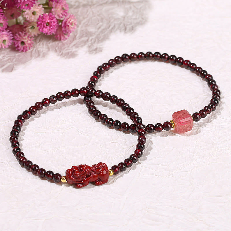 ガーネット 辰砂 貔貅 ストロベリークォーツ 4mmスクエアビーズ 守護 開運 ブレスレット 14~16cm | Buddha Stones