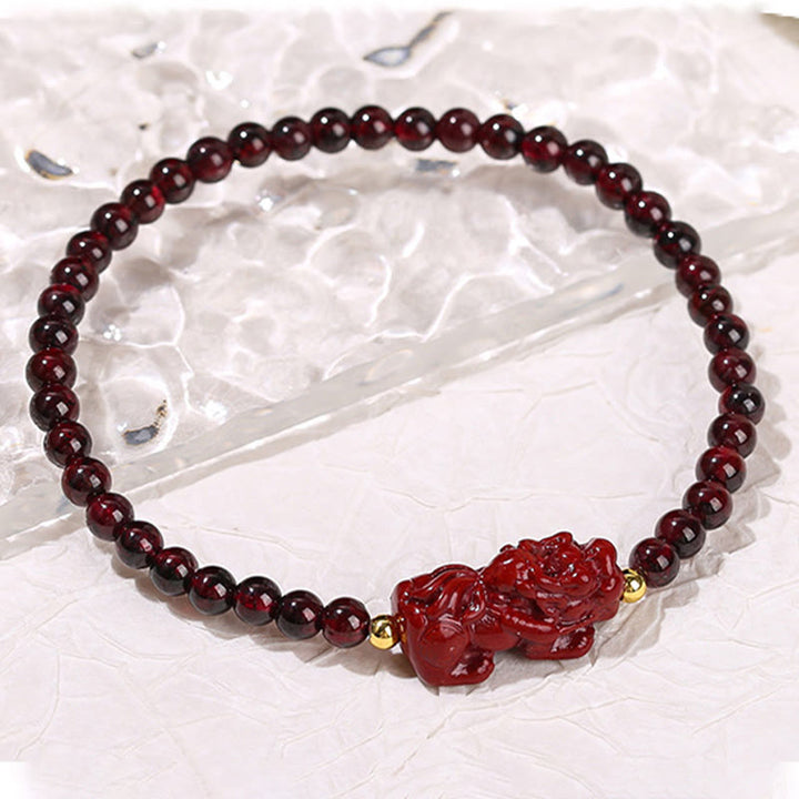 ガーネット 辰砂 貔貅 ストロベリークォーツ 4mmスクエアビーズ 守護 開運 ブレスレット 14~16cm | Buddha Stones