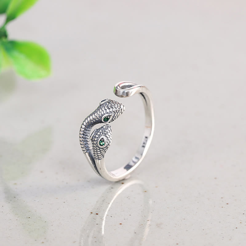 Buddha Stones925スターリングシルバー 蛇年 双頭の蛇 調節可能なオープンリング