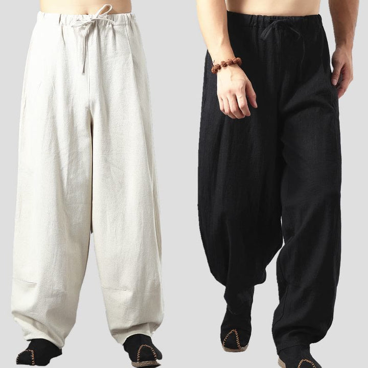 Buddha Stonesカジュアル 無地 ドローストリング コットン リネン メンズ パンツ ポケット付き - image 0
