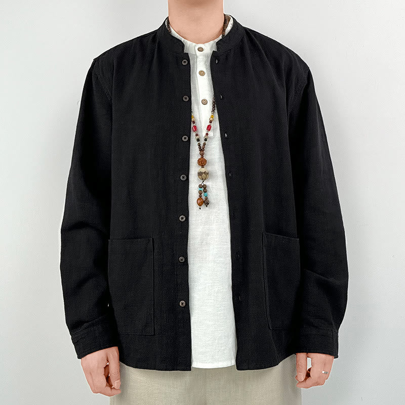 Buddha Stonesカジュアル 無地 ラミー リネン コットン メンズ シャツ ポケット付き - 黒 - US/UK/AU42、 EU52 (3XL) - image 4