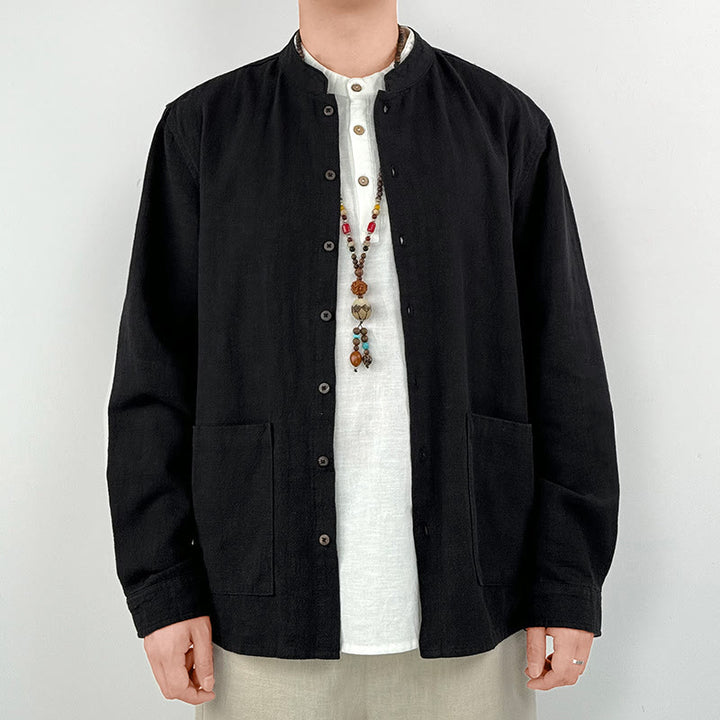 Buddha Stonesカジュアル 無地 ラミー リネン コットン メンズ シャツ ポケット付き - 黒 - US/UK/AU42、 EU52 (3XL) - image 4