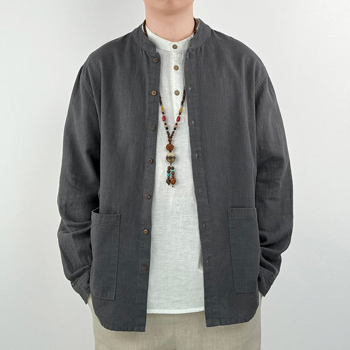 Buddha Stonesカジュアル 無地 ラミー リネン コットン メンズ シャツ ポケット付き