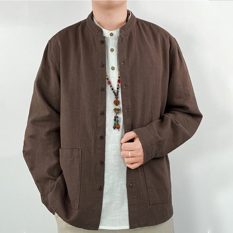 Buddha Stonesカジュアル 無地 ラミー リネン コットン メンズ シャツ ポケット付き