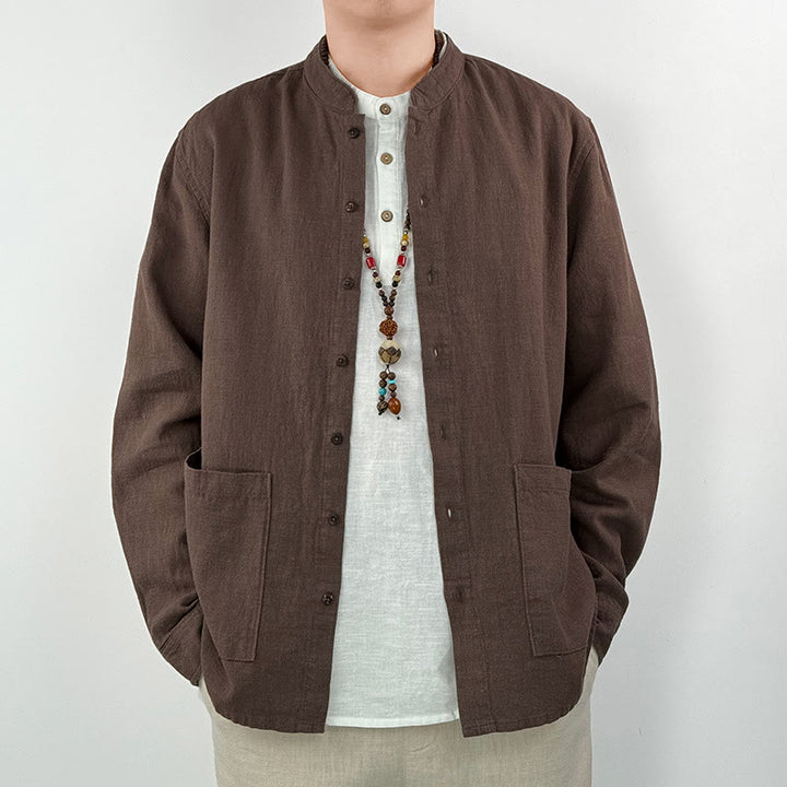 Buddha Stonesカジュアル 無地 ラミー リネン コットン メンズ シャツ ポケット付き