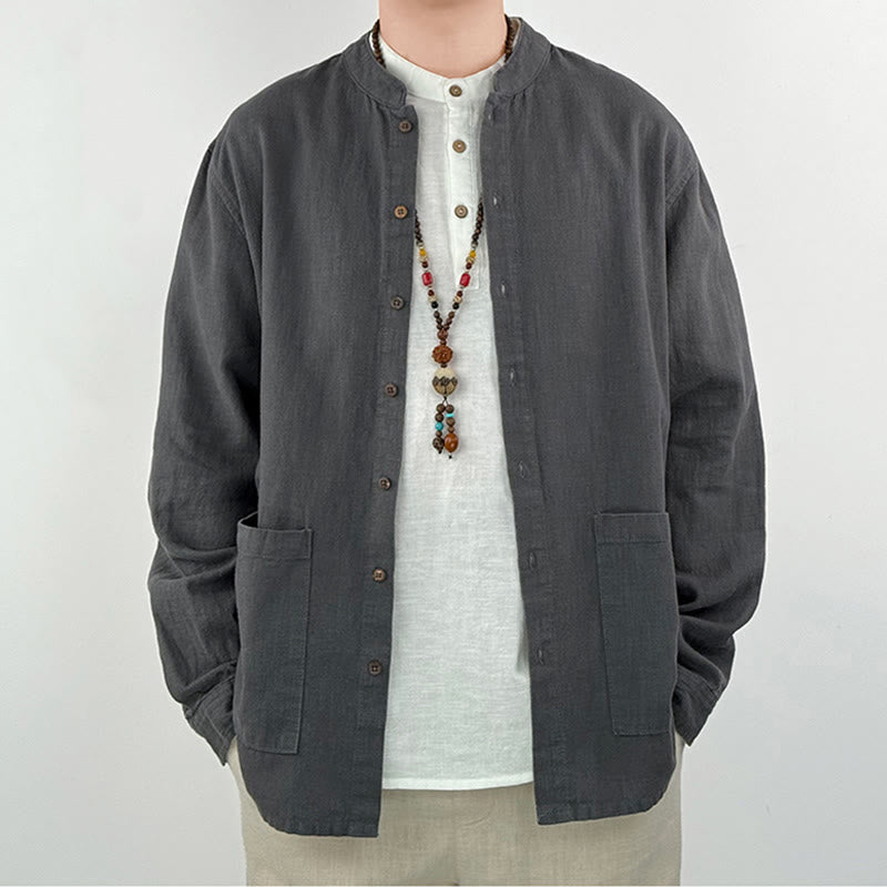 Buddha Stonesカジュアル 無地 ラミー リネン コットン メンズ シャツ ポケット付き - image 1