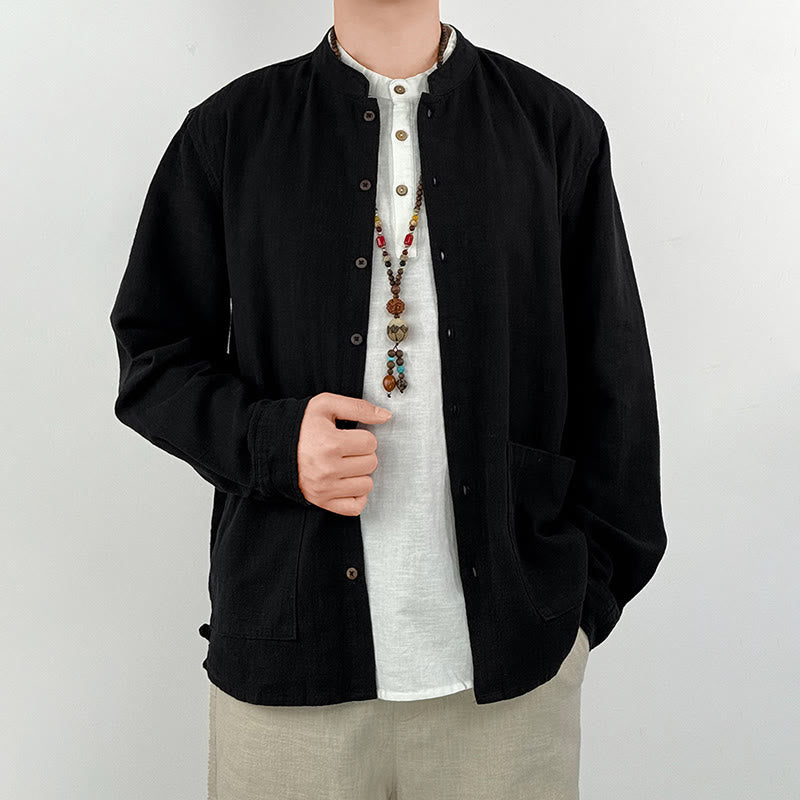 Buddha Stonesカジュアル 無地 ラミー リネン コットン メンズ シャツ ポケット付き - image 6