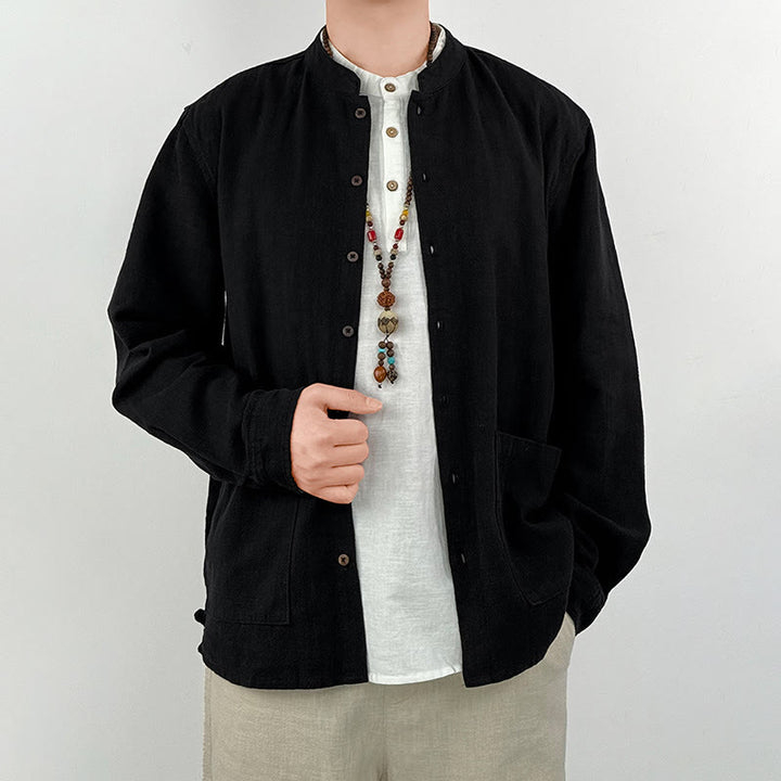 Buddha Stonesカジュアル 無地 ラミー リネン コットン メンズ シャツ ポケット付き - image 6