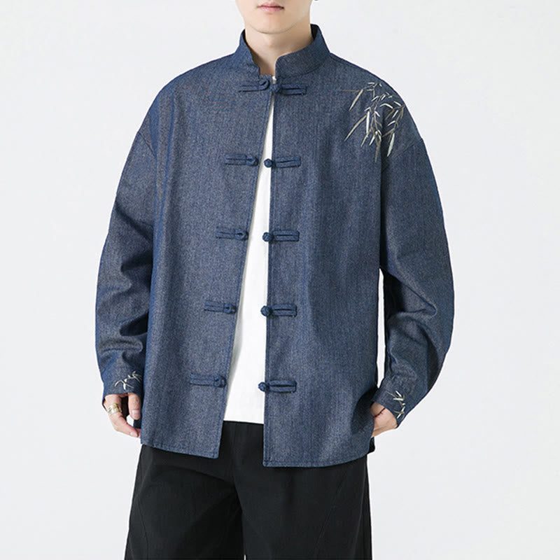 Buddha Stonesと竹の葉のデザイン カエルボタンの唐装 コットン メンズ ジャケット シャツ
