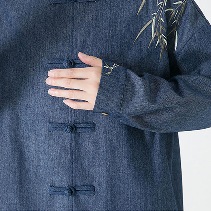 Buddha Stonesと竹の葉のデザイン カエルボタンの唐装 コットン メンズ ジャケット シャツ