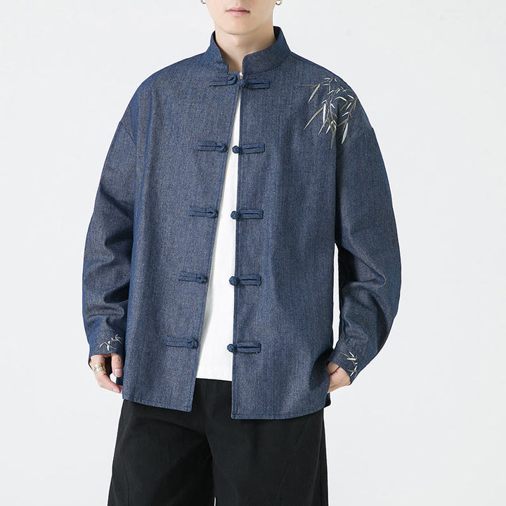 Buddha Stonesと竹の葉のデザイン カエルボタンの唐装 コットン メンズ ジャケット シャツ