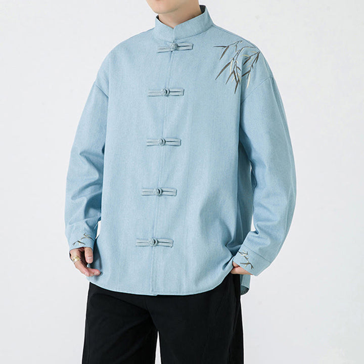 Buddha Stonesと竹の葉のデザイン カエルボタンの唐装 コットン メンズ ジャケット シャツ