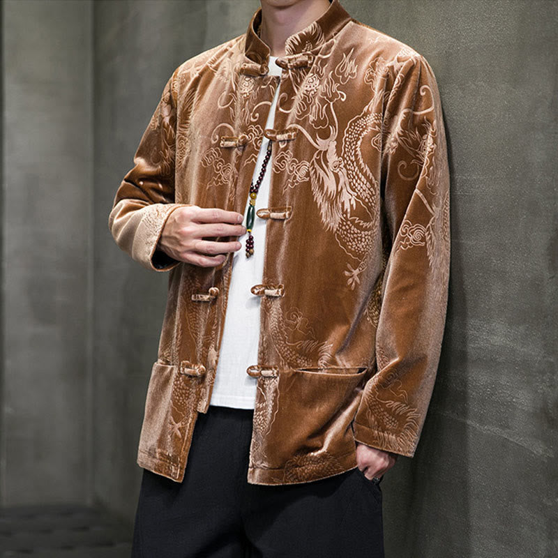 Buddha Stonesメンズ フロッグボタン タンスーツ ドラゴン柄 Lisvelte コットンジャケット シャツ ポケット付き