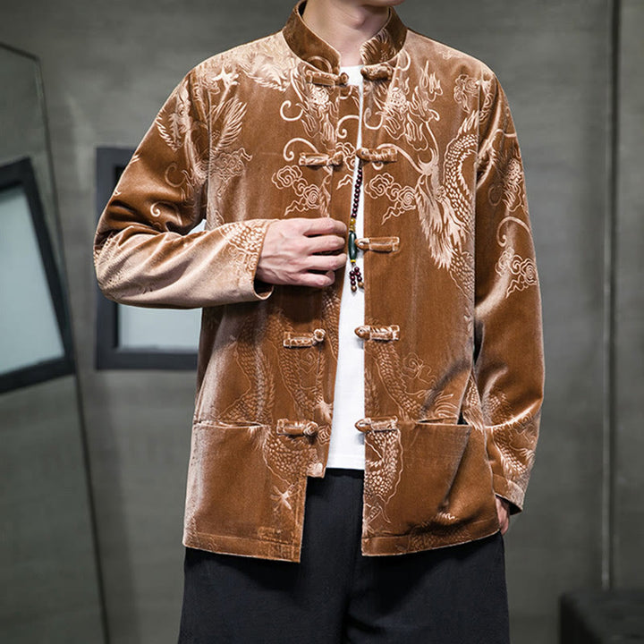 Buddha Stonesメンズ フロッグボタン タンスーツ ドラゴン柄 Lisvelte コットンジャケット シャツ ポケット付き