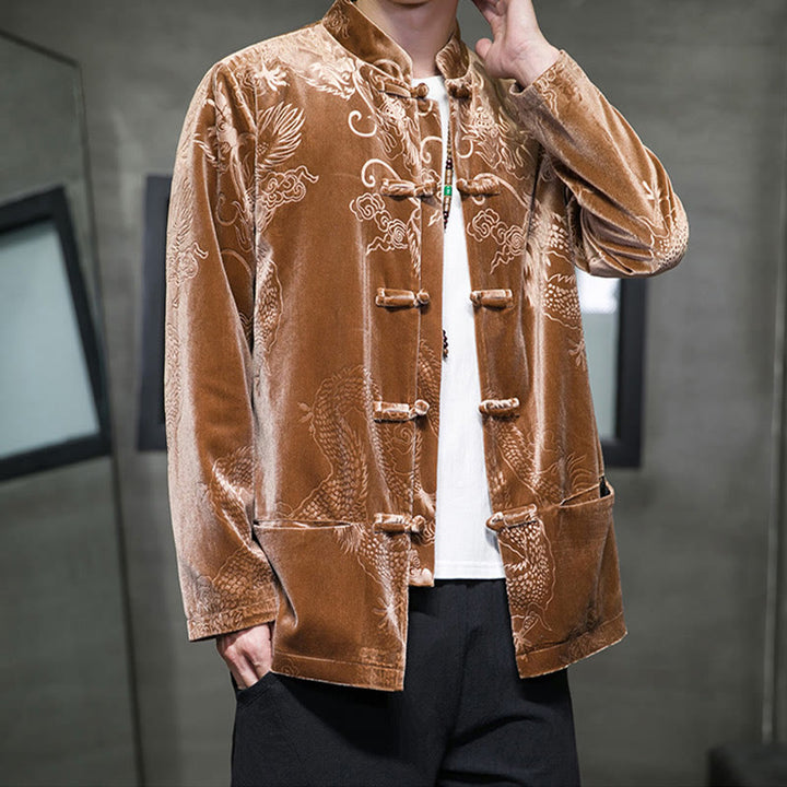 Buddha Stonesメンズ フロッグボタン タンスーツ ドラゴン柄 Lisvelte コットンジャケット シャツ ポケット付き