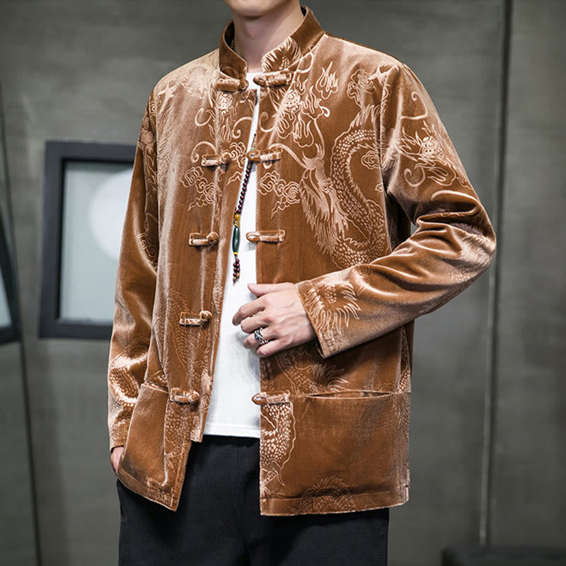 Buddha Stonesメンズ フロッグボタン タンスーツ ドラゴン柄 Lisvelte コットンジャケット シャツ ポケット付き