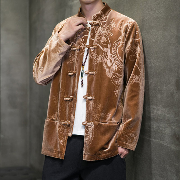 Buddha Stonesメンズ フロッグボタン タンスーツ ドラゴン柄 Lisvelte コットンジャケット シャツ ポケット付き