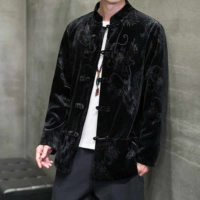 Buddha Stonesメンズ フロッグボタン タンスーツ ドラゴン柄 Lisvelte コットンジャケット シャツ ポケット付き