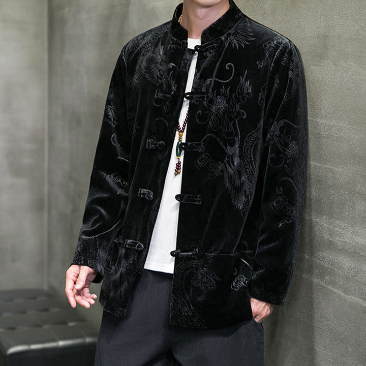 Buddha Stonesメンズ フロッグボタン タンスーツ ドラゴン柄 Lisvelte コットンジャケット シャツ ポケット付き