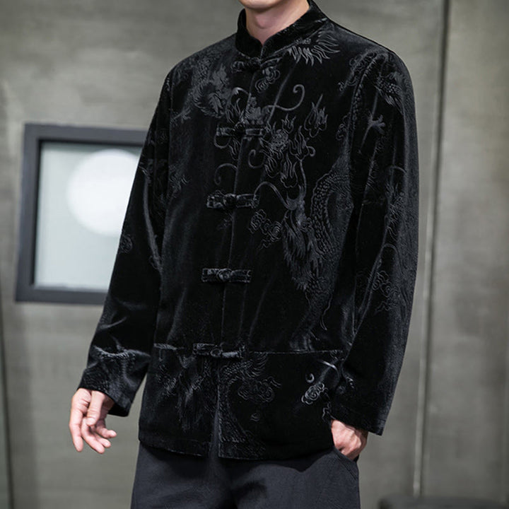 Buddha Stonesメンズ フロッグボタン タンスーツ ドラゴン柄 Lisvelte コットンジャケット シャツ ポケット付き