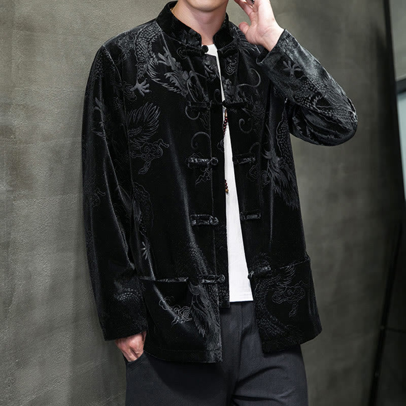 Buddha Stonesメンズ フロッグボタン タンスーツ ドラゴン柄 Lisvelte コットンジャケット シャツ ポケット付き