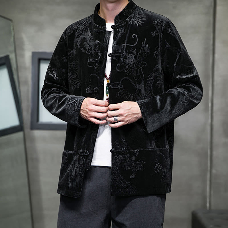 Buddha Stonesメンズ フロッグボタン タンスーツ ドラゴン柄 Lisvelte コットンジャケット シャツ ポケット付き