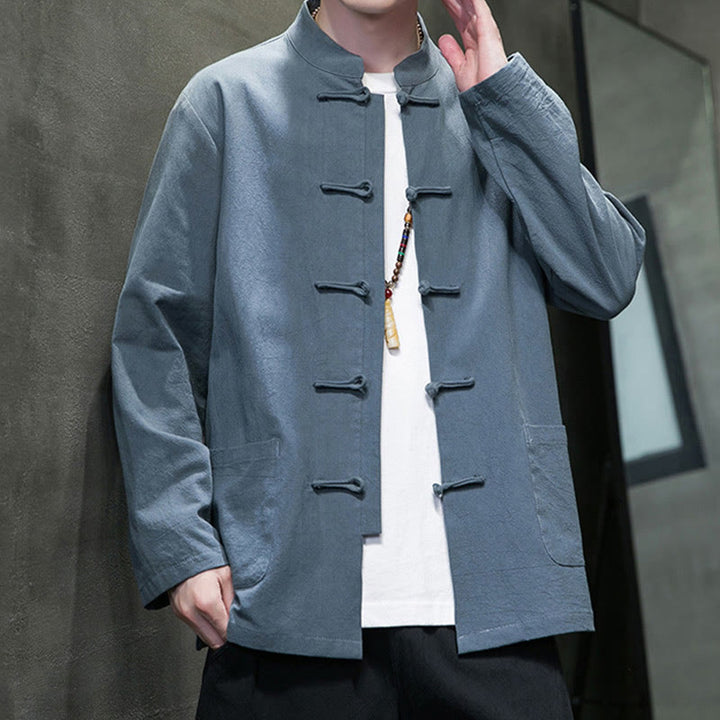 Buddha Stones無地 カエルボタン 唐装 コットンリネン メンズ ジャケット シャツ ポケット付き - image 2
