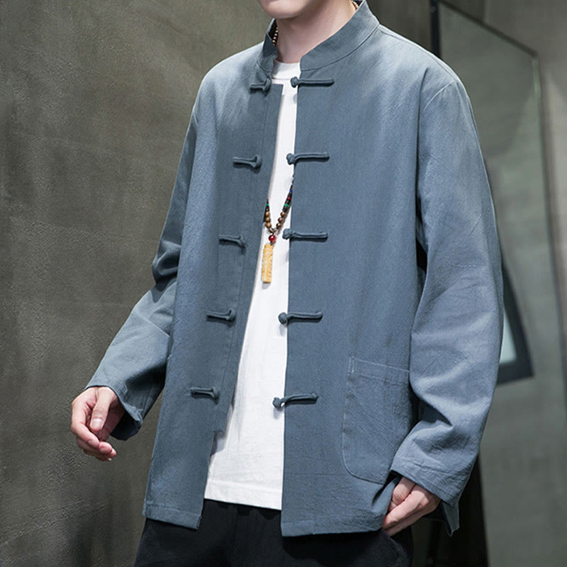 Buddha Stones無地 カエルボタン 唐装 コットンリネン メンズ ジャケット シャツ ポケット付き - image 1