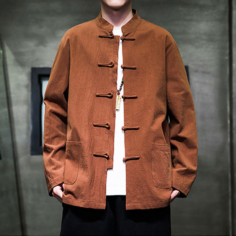 Buddha Stones無地 カエルボタン 唐装 コットンリネン メンズ ジャケット シャツ ポケット付き - チョコレート - US/UK/AU46、 EU56 (5XL) - image 19